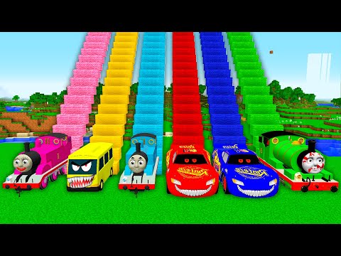 What is the HIGHEST STAIRCASE Lightning McQUEEN EXE THOMAS TRAIN BUS EATER GIRL THOMAS  in Minecraft