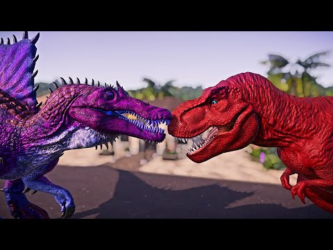 T Rex Color Pack Vs Spinosaurus Breakout & Fight   Jurassic World Evolution Dinosaurs Fighting