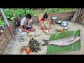 HEAVY RAINY Day In Village Cooking Grass Crap Fish Curry With Lal Shak By Mother And Son For Lunch