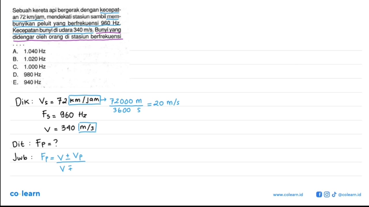 A train is moving at a speed of 72 km/h, approaching a station while sounding a whistle...