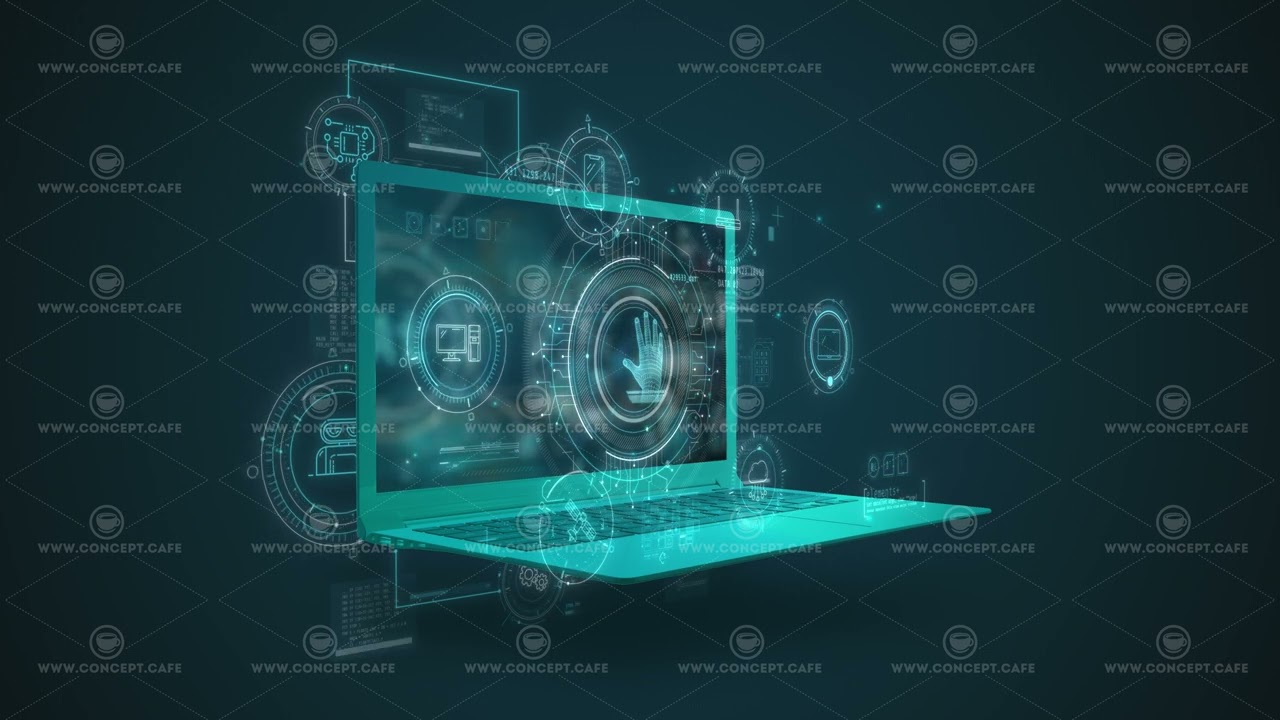 Laptop with animated infographics about data protection.