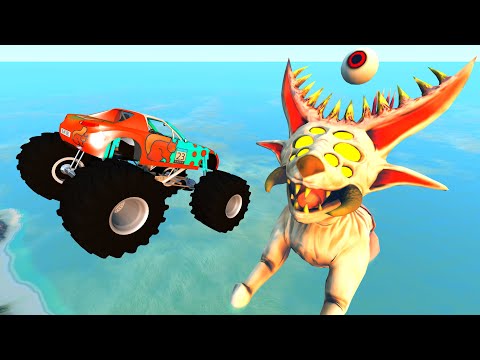 Jumping Cars into the Mouth of Giant Mutant Cat - BeamNG.Drive