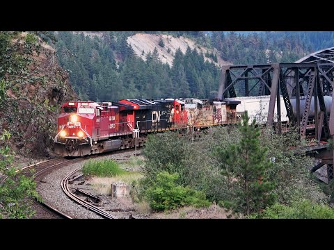 Three Different Railroads Overpower Small CP Freight Train, Over Cisco Bridges, In The Fraser Canyon