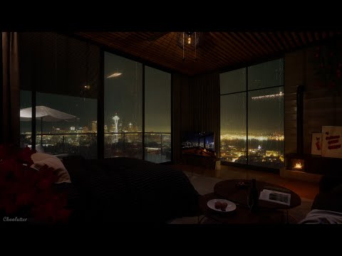 Cozy Bedroom With A Beautiful Rainy Night View Of Seattle | Rain, RainOnWindow, Fireplace Sounds