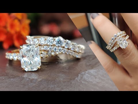 3.13 TCW Radiant Cut Moissanite Hidden Halo Pave Set Engagement Ring with Crown Curvy Wedding Band