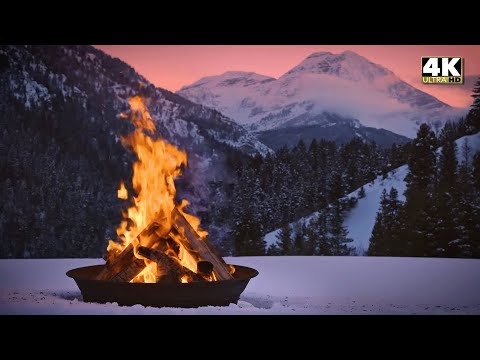 12-Hour Scenic Alpine Bonfire | Cozy Winter Campfire, Falling Snow & Deep Relaxation Ambience