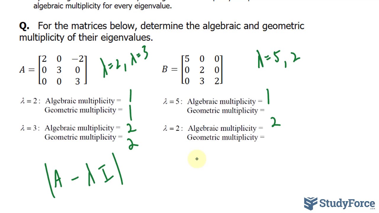 Determine the algebraic and geometric multiplicity