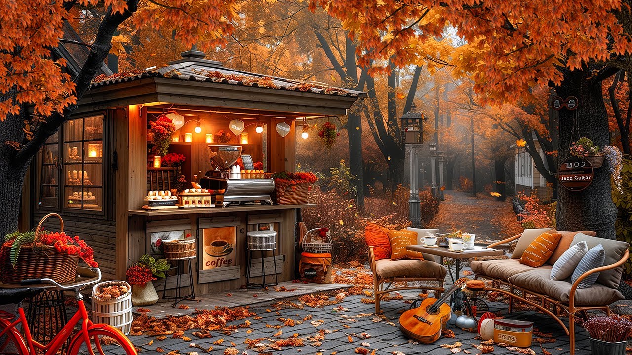 Morning Jazz Guitar Music for Stress Relief ☕ Coffee Shop Outside The Park ~ Peaceful Scenery