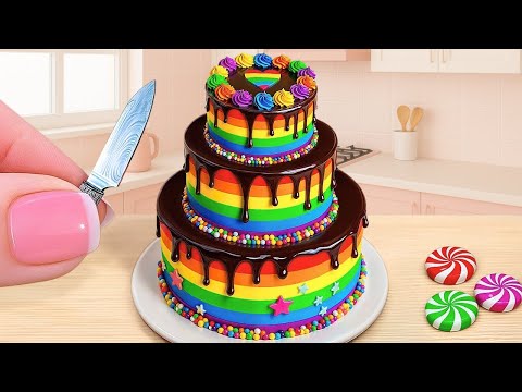 Mini Rainbow Cake Recipe With Chocolate - Stunning Rainbow Cake Decoration Idea | Mini Cake ASMR