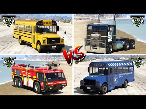 School Bus vs Airport Fire Truck vs Police Hauler Truck vs Prison Bus - GTA 5 Cars Which is Best?