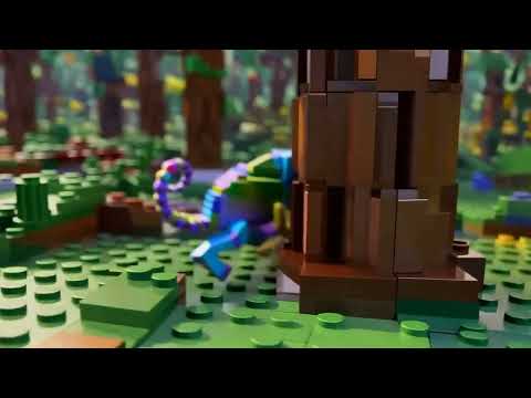 A dense, verdant jungle world made up of small lego-like pieces. A rainbow chameleon running through the 3D world, the camera in and out of focus.