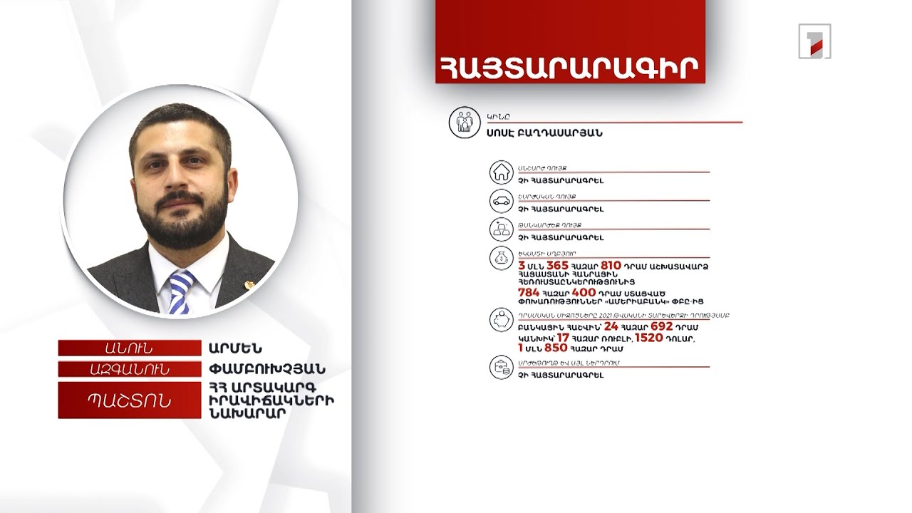 Բնակարան, ավտոմեքենա, 8 մլն 650 հազար դրամ. ԱԻ նախարար Արմեն Փամբուխչյանի հայտարարագիրը