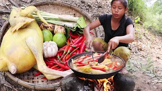 Survival cooking in The rainforest: Chicken soup Spicy chili with Crab for Food in Jungle