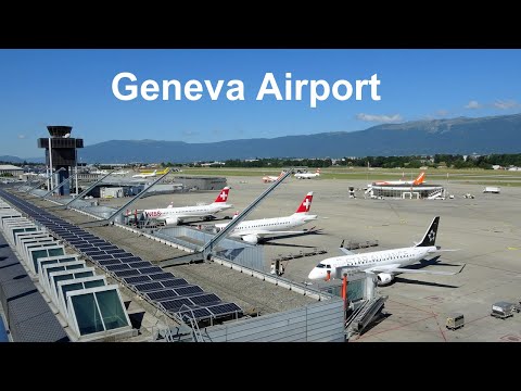 Geneva airport GVA in Switzerland, Terrasse Panorama and airplanes