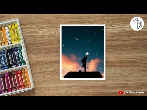 Beautiful moonlight scenery drawing with oil pastels for beginners - step by step