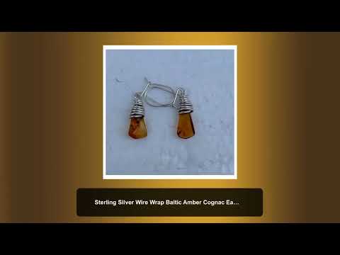 Sterling Silver Wire Wrap Baltic Amber Cognac Earrings, Silver Ball Accents