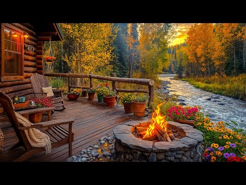 Cozy Autumn Porch by the River | Campfire, Water Sounds | Forest Nature Sounds for Morning Ambience