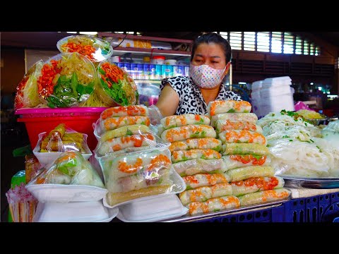 So Popular! Fresh Shrimp Spring Rolls and Noodles in Central Market I Cambodian Street Food