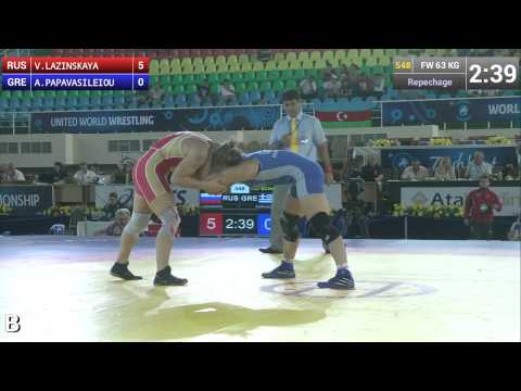 Repechage   Female Wrestling 63 kg   A PAPAVASILEIOU GRE vs V LAZINSKAYA RUS   Tashkent 2014