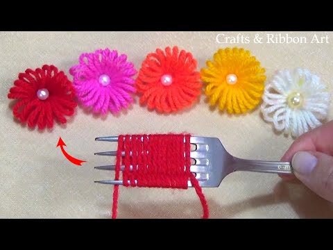 Amazing Woolen Flower Making Ideas with Fork - Hand Embroidery Easy Trick - No Crochet Yarn Flowers