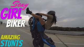 Beautiful Girl Biker Performs AMAZING Highway Motorcycle Stunts Riding Long Stunt Bike Wheelies 2017