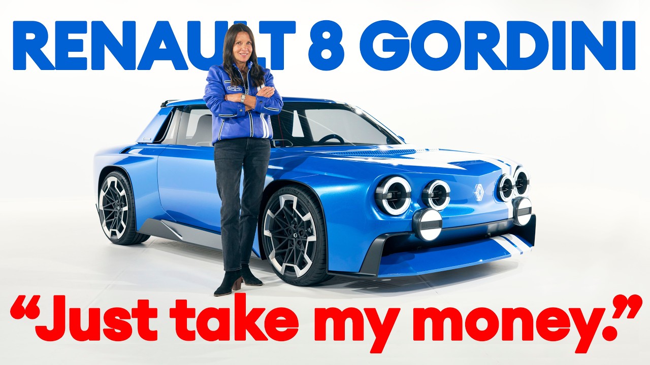 Blue Renault 8 Gordini electric concept car with white stripes in a studio