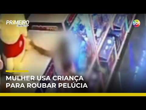 Flagra: mulher usa criança para furtar urso de pelúcia de máquina | #PrimeiroImpacto