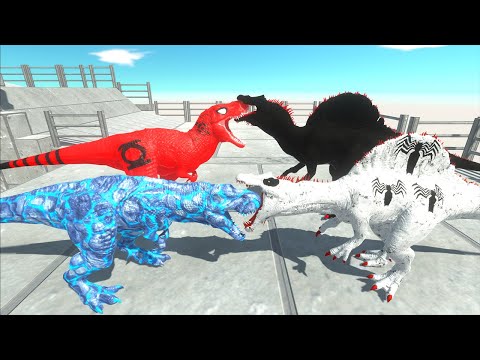 ICE T-REX VS RED LANTERN T-REX VS WHITE VENOM SPINO DEATH FALL - Animal Revolt Battle Simulator