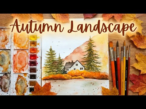 Easy autumn landscape with watercolors🎨/Education and relaxation with watercolor painting