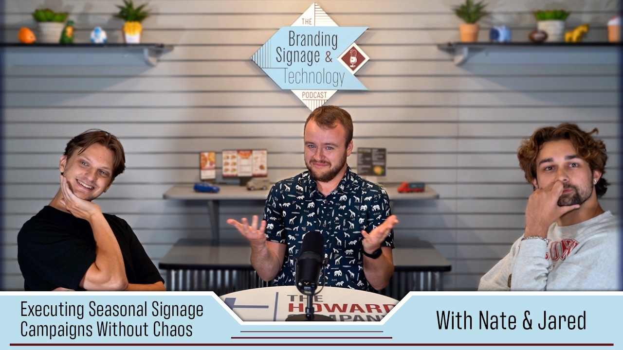 Nate and Jared sit with the podcast host at the Branding, Signage and Technology Podcast studio desk to talk through seasonal signage campaigns