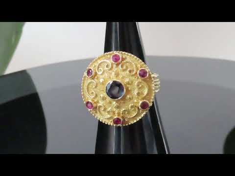 Etruscan Revival Style 18K Yellow Gold Sapphire Ruby Statement Cocktail Ring 032421 v 18388
