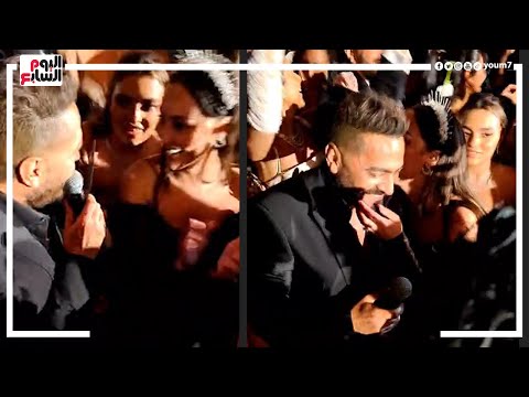 بالاحضان تامر حسني مع بسمة بوسيل ومحمد سامي أول ما شافهم في فرح ريم سامي