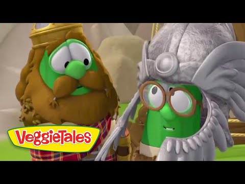 Two VeggieTales characters, a brown-hatted veggie and a green veggie in a helmet and goggles, share a smile; VeggieTales logo sits in the corner.