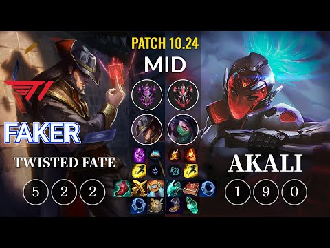 T1 Faker Twisted Fate vs Akali Mid - KR Patch 10.24