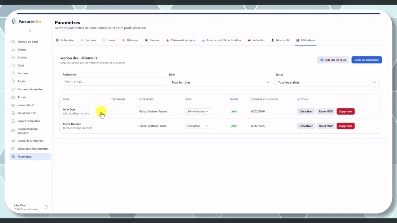 Tutoriel vidéo : Utilisateurs et rôles — Formation FacturesPro