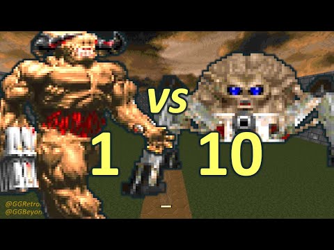 Cyberdemon vs 10 Arachnotrons - Monster Infighting - Doom II Retro Battles