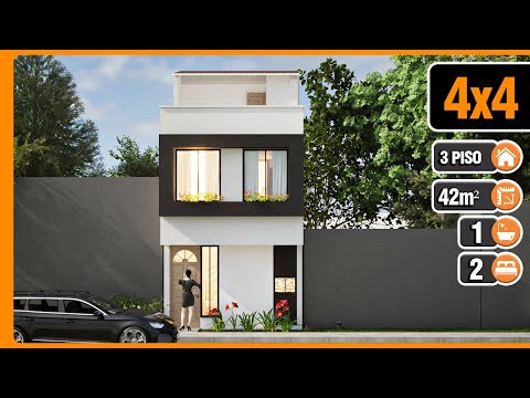 Casa Pequeña 4x4 de 3 plantas con Terraza | 2 Dormitorios | 1 baño | Planos de Casas Pequeñas