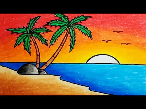 How To Draw Scenery Beach And Sunset Easy With Crayons |Drawing Nature Scenery Beautiful