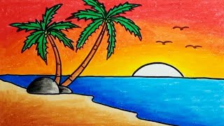 How To Draw Scenery Beach And Sunset Easy With Crayons |Drawing Nature Scenery Beautiful