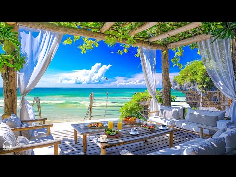 Relaxing Bossa Nova Jazz Piano Music & Calming Ocean Waves at Seaside Cafe Ambience for Good Moods