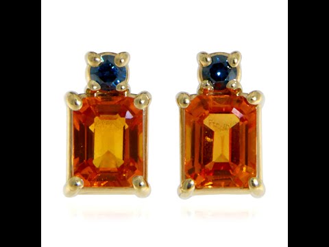 Cercei Stud Aur Galben 14 k Safire Portocalii Diamante Albastre Naturale - Energie si Eleganta