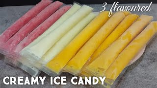 3 flavoured Ice Candy Recipe/Mango,Strawberry,Vanilla Ice candy/Ice popsicles/Creamy & easy IceCandy