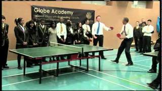 This is 3 mins and 46 seconds of the most painful sporting footage available on YouTube. Full analysis:
8 secs: After a strong return from Obama, David Cameron is gifted a weak lollipop to smash home. He somehow manages to hit it behind him.
15 secs: It’s Cameron’s next shot. He misses the ball. Obama laughs at him and he starts to go red.
45 secs: Cameron’s won a point with a backhand! Obama proffers a high five, Cameron holds his hand for too long afterwards thus turning something that could have been cool into something unexpectedly homoerotic which appears to make both men uncomfortable.
49 secs: Cameron hits his fourth shot (out of the five he’s played so far) out. He hits his sixth shot into the net. And then his seventh a few seconds later. And then his eighth a few seconds after that. “I’m getting better,” he jokes through gritted teeth.
1 min 22 secs: Cameron has all but given up. This effort misses the table by three feet. In a curious echo of his future foreign policy, he’s now reduced to standing back and letting Obama do everything.
2 mins 13 secs: Obama misses a shot. The ball is dead. Cameron smashes it at someone’s face. This is pure rage right now.
3 mins 8 secs: A return comes back so fast that Cameron can’t even think of hitting it, so he tries to catch it. And fails to do so. Twice. Getting rattled again. He quickly tries to serve and makes a complete Horlicks of that too.
3 mins 20 secs: “Last point” says Obama. Until Cameron messes up again.