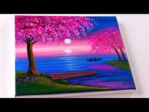 How to Paint Cherry Blossom Tree at Moonlight | Landscape Painting | Paint night at home