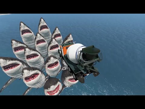 Jumping Cars into the Mouth of Giant Scary Shark - BeamNG.Drive