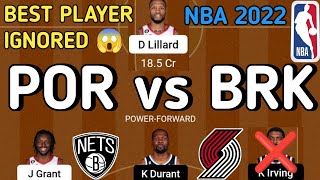 POR vs BRK Dream11 team || POR VS BRK NBA | por vs brk basketball today match final team | FANTASYJK