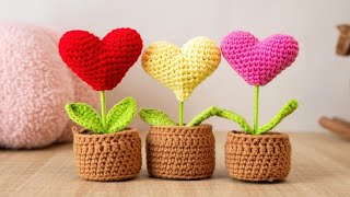 DIY Crochet Heart Flower Pot 💖 Perfect Beginner Project #crochet #heart | Cool Crochet 