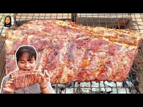 Yummy cooking BBQ pork ribs in my village - BBQ pork ribs relax cooking in the natural