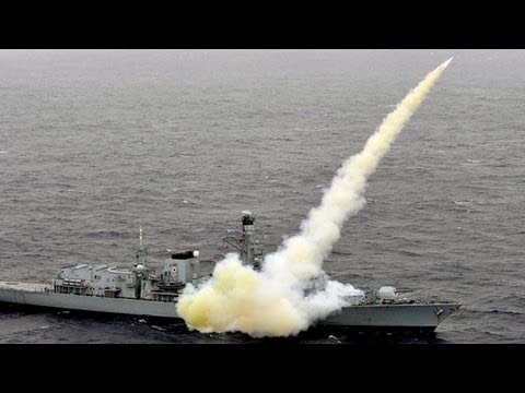Royal Navy Type 23 Frigate HMS Montrose (F236) Fires Harpoon Anti-Ship Missiles
