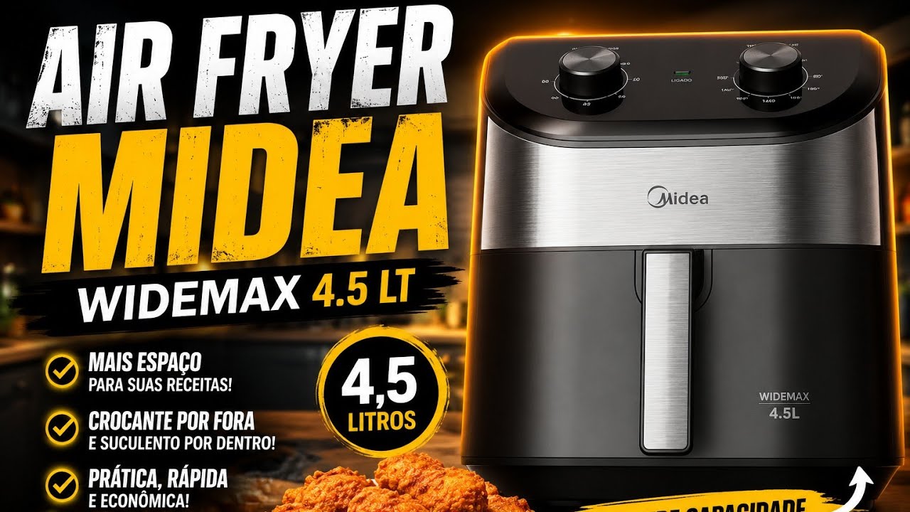 Miniatura da avaliação em vídeo de Fritadeira Air Fryer Midea Widemax 4,5L 1500W Interior de Alumínio